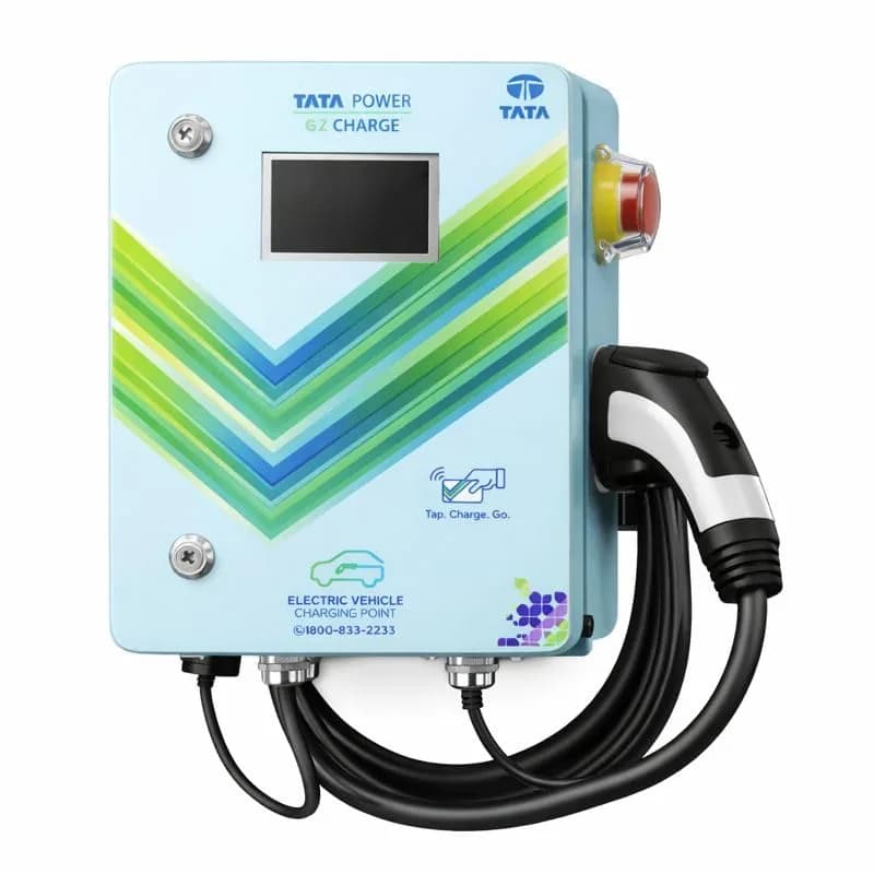 Tata Power EZ Charge AC charger with charging cable on a white background