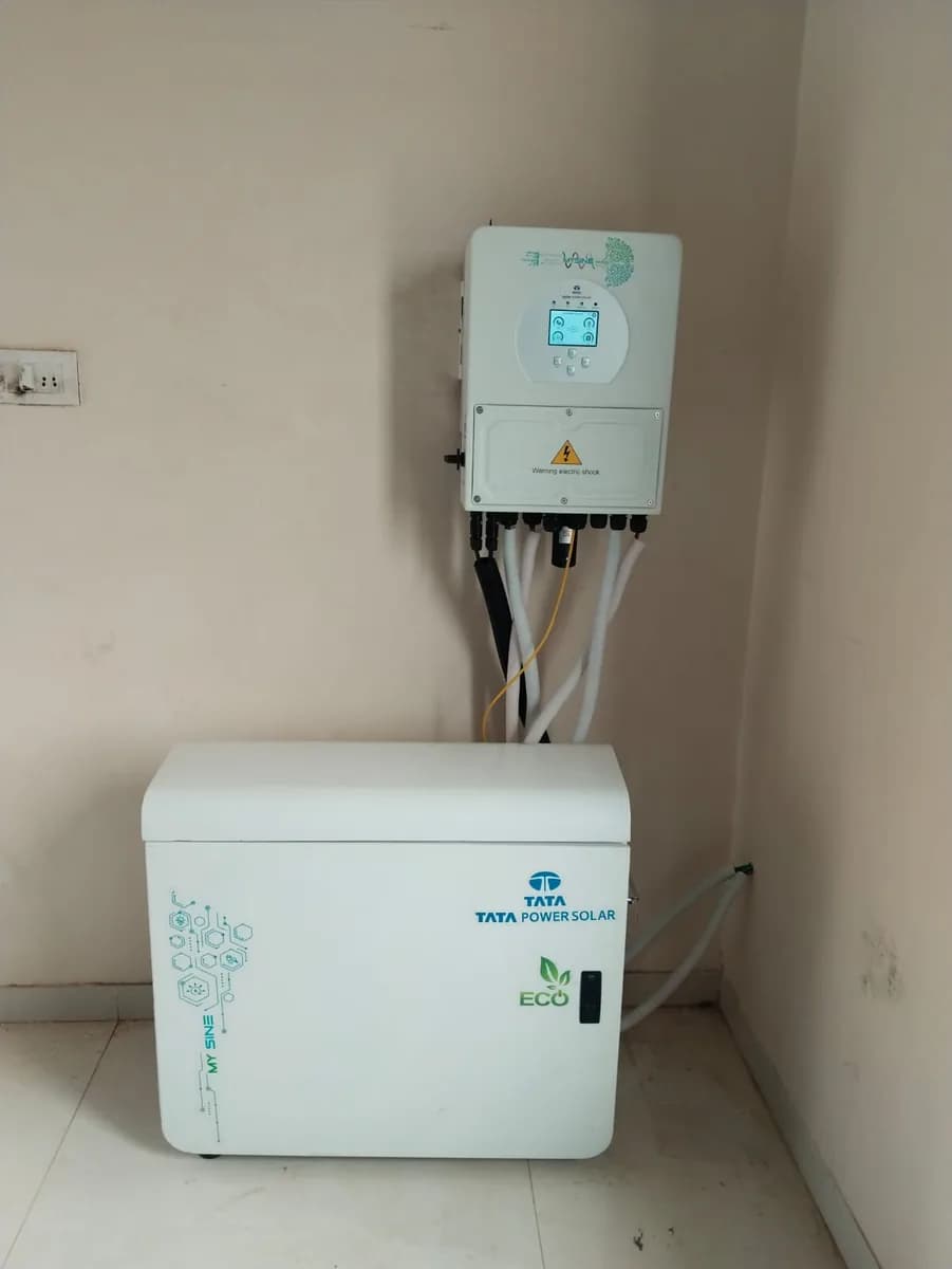 Tata MySine battery cabinet with a wall-mounted hybrid inverter